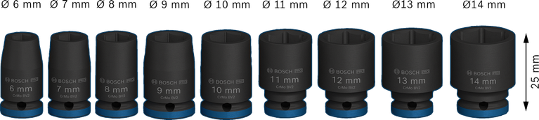 Set Kunci Sok Impact Bosch PRO 1/4 inci, 9 buah, 6-14 mm.
